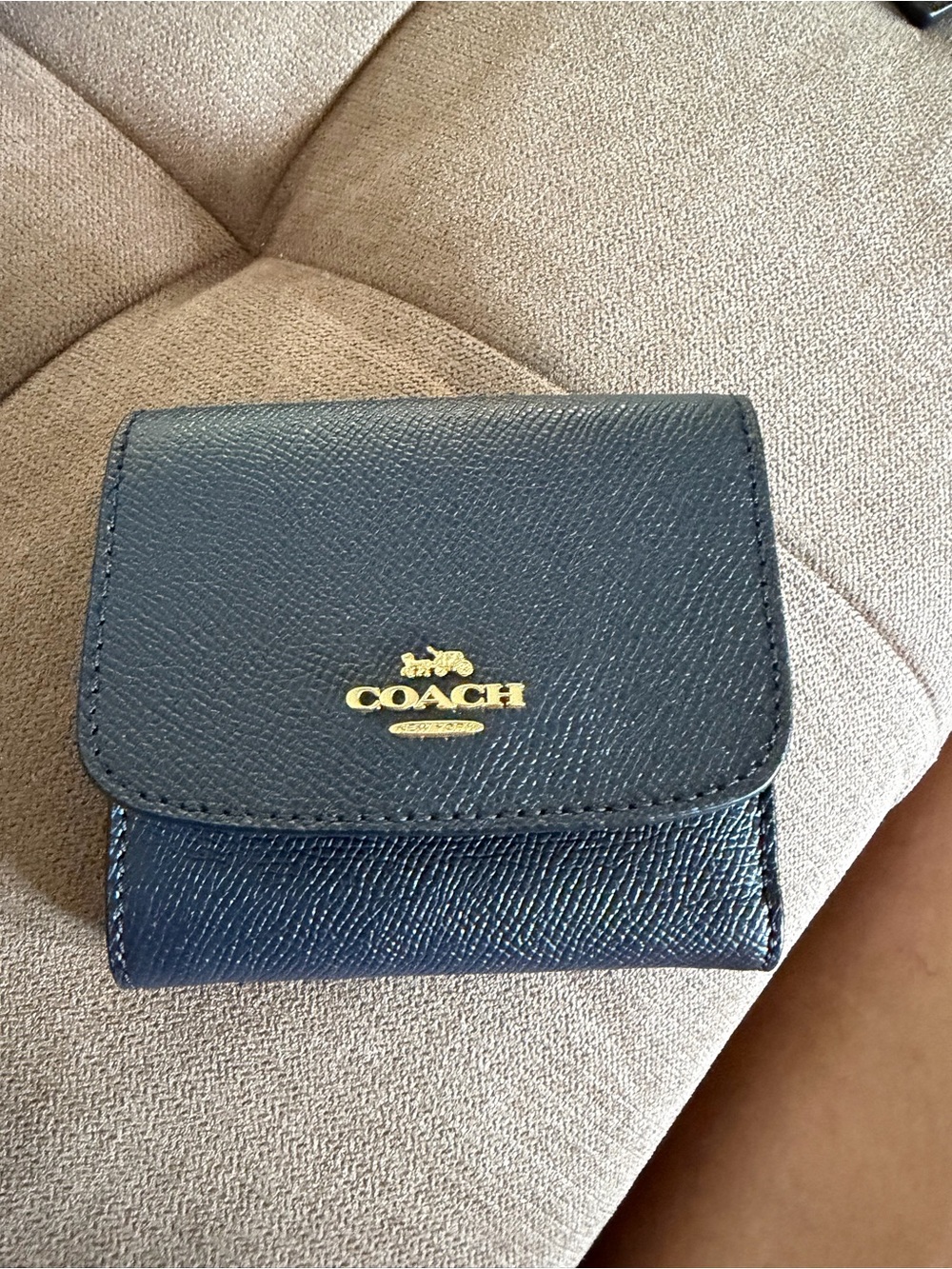 Coach Small Navy Leather Wallet with Gold Logo
